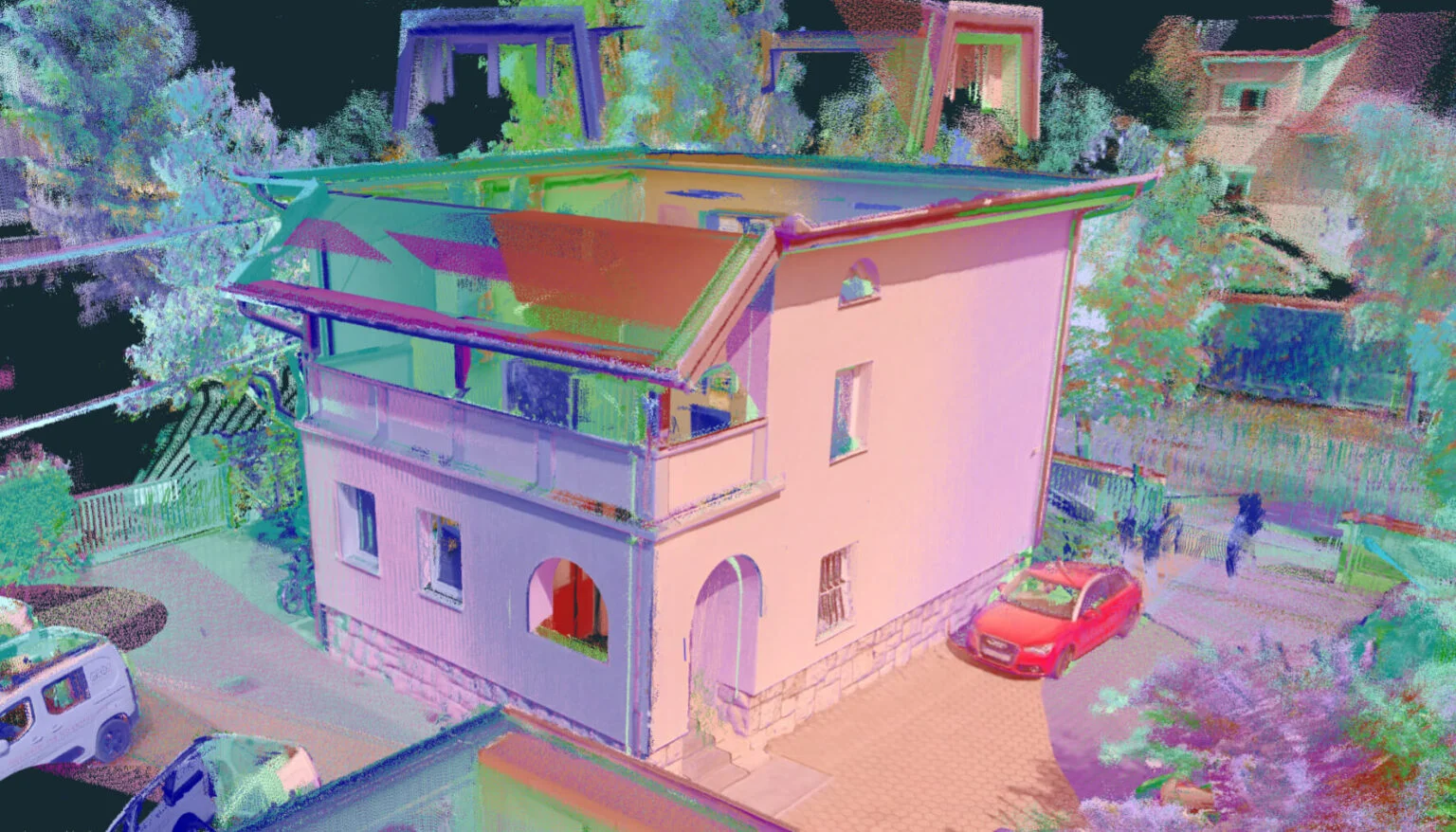 Lidar data of a building visualized in various colours