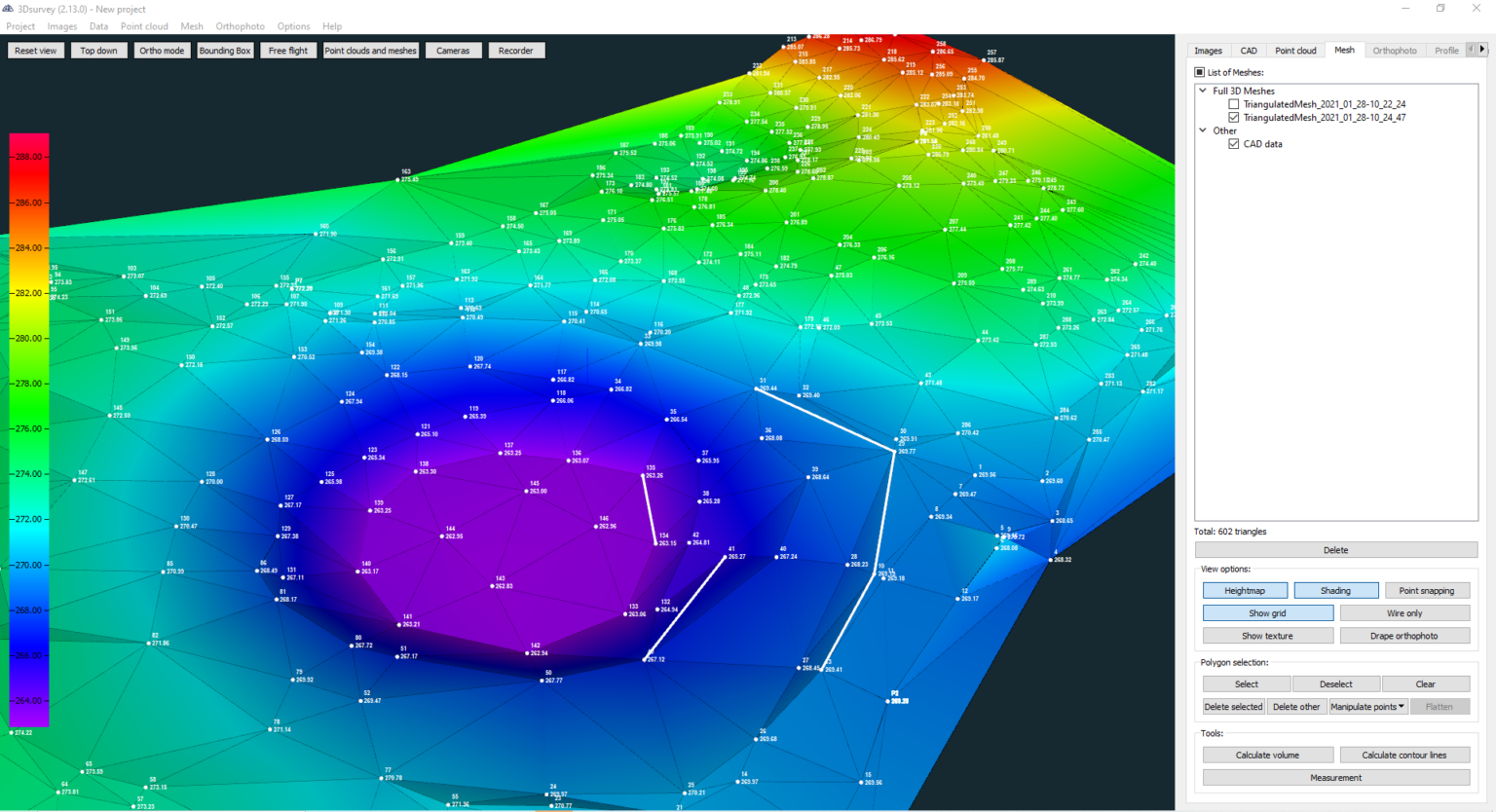 Screenshot of mesh calculations in 3Dsurvey software