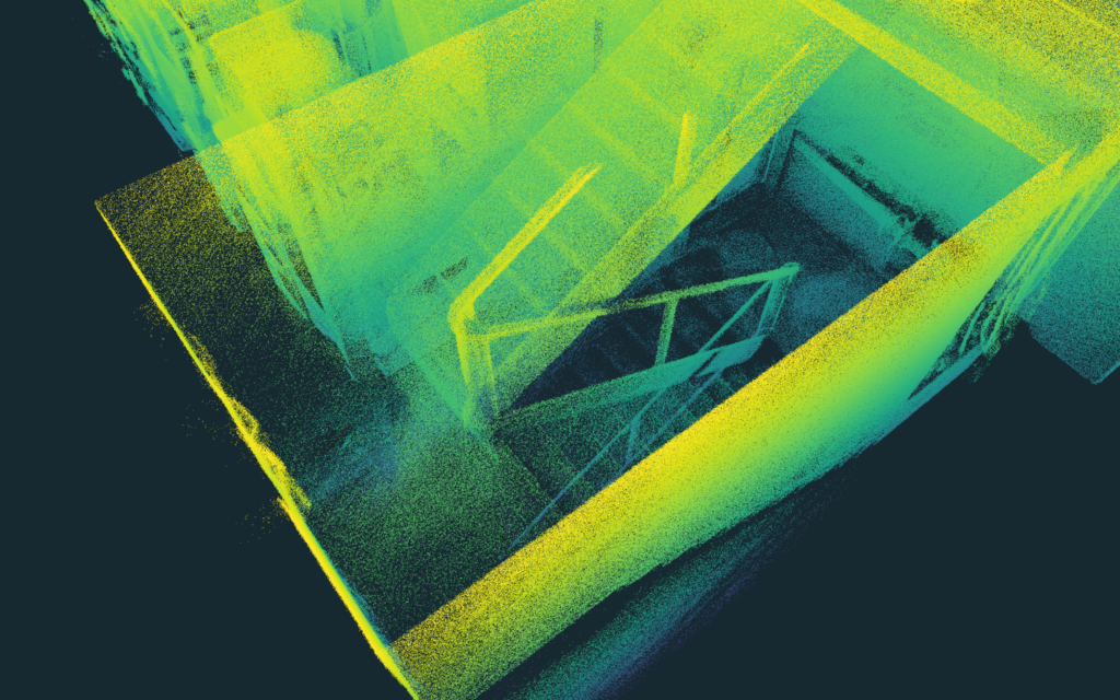 Laser scanning data of a stairwell visualized in the colours green and yellow