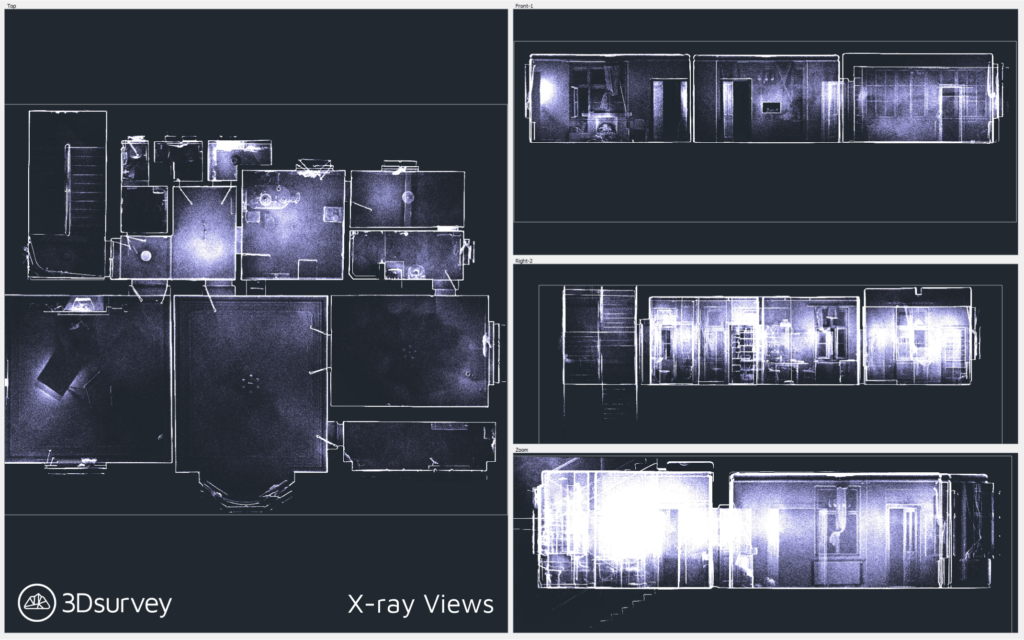 X-ray view of a building showing 3 different floors from a side view and one from a top-down view