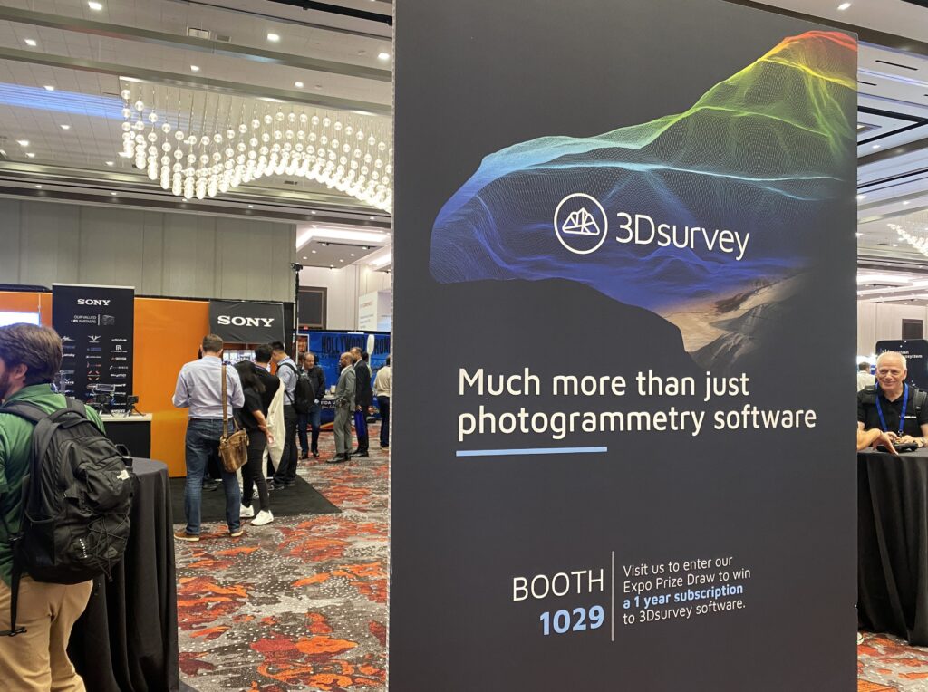 A photo of the 3Dsurvey advertising board at the Commercial UAV expo 2024