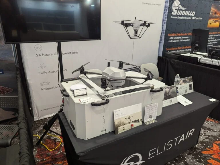 A photo of a drone in docking station on display at an expo