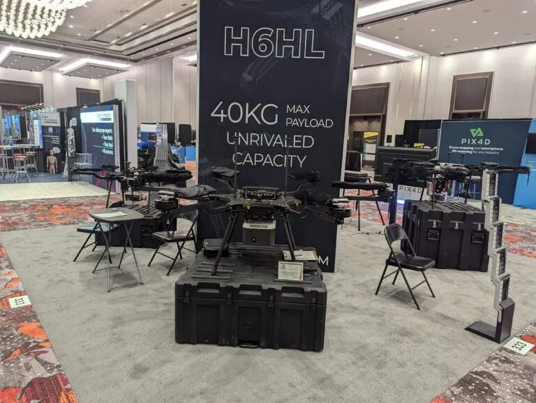 A photo of a drone on display at an expo