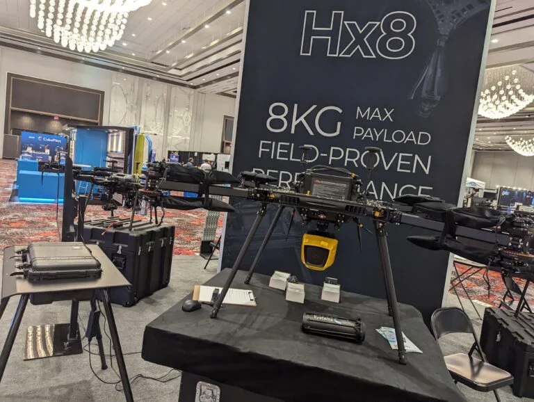 A photo of a drone on display at an expo