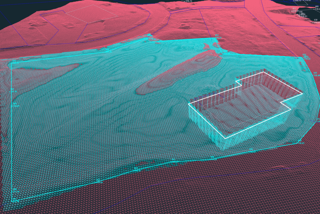 A mesh representation of cut and fill of earthworks with overlaying CAD lines