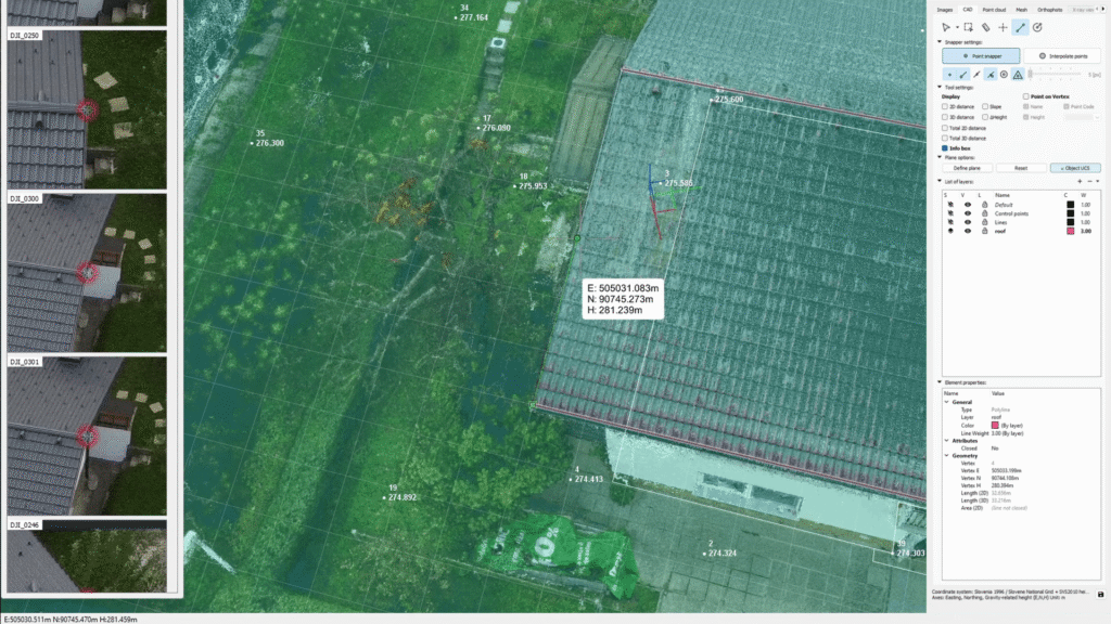 Aerial roof inspection using integrated CAD software with orthophoto overlay, control points, and polyline roof outline in 3Dsurvey.
