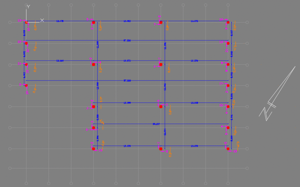 The entire structure with measured deviations and rotations of all pillars