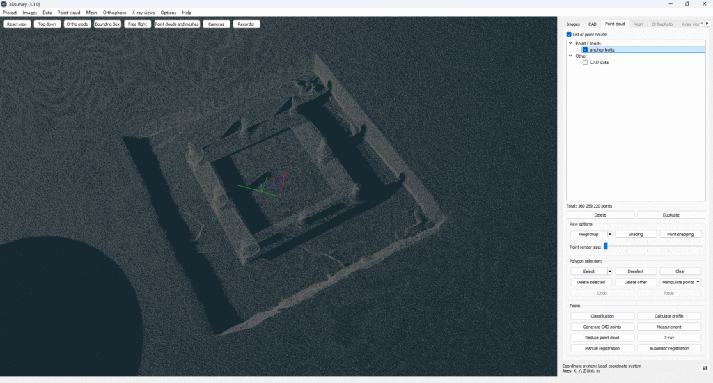 Scanned anchor bolts in 3Dsurvey X-ray views.
