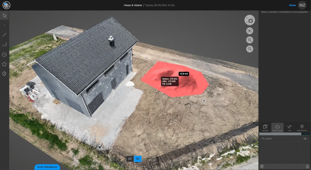 Volumes in 3Dsurvey Cloud Viewer
