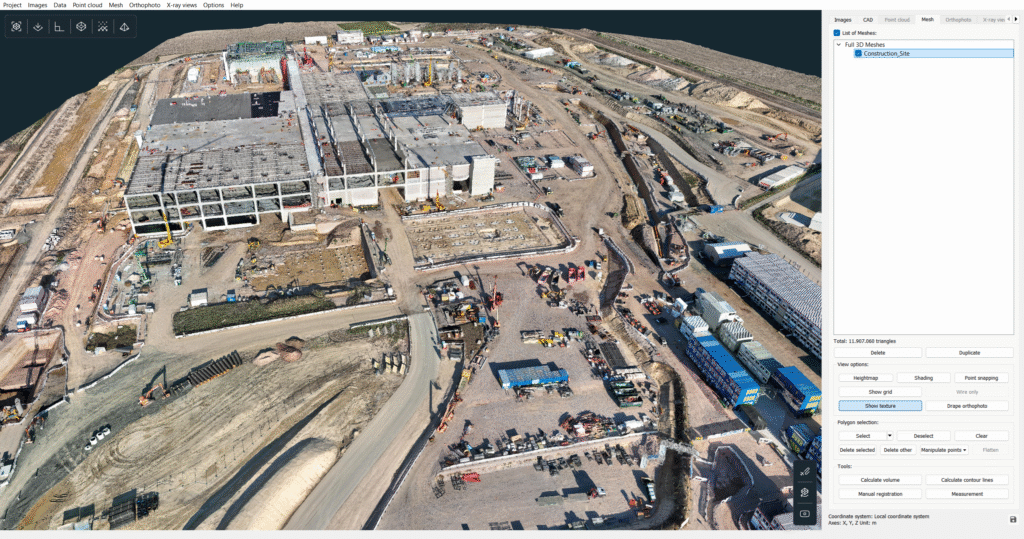 A 3D model of a big construction site.