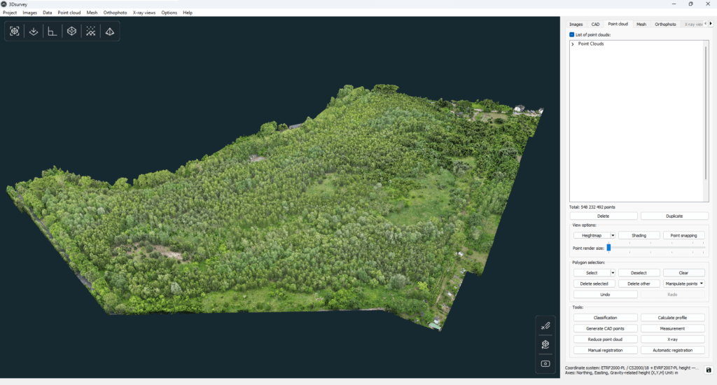 LiDAR data imported into 3Dsurvey from the drone.