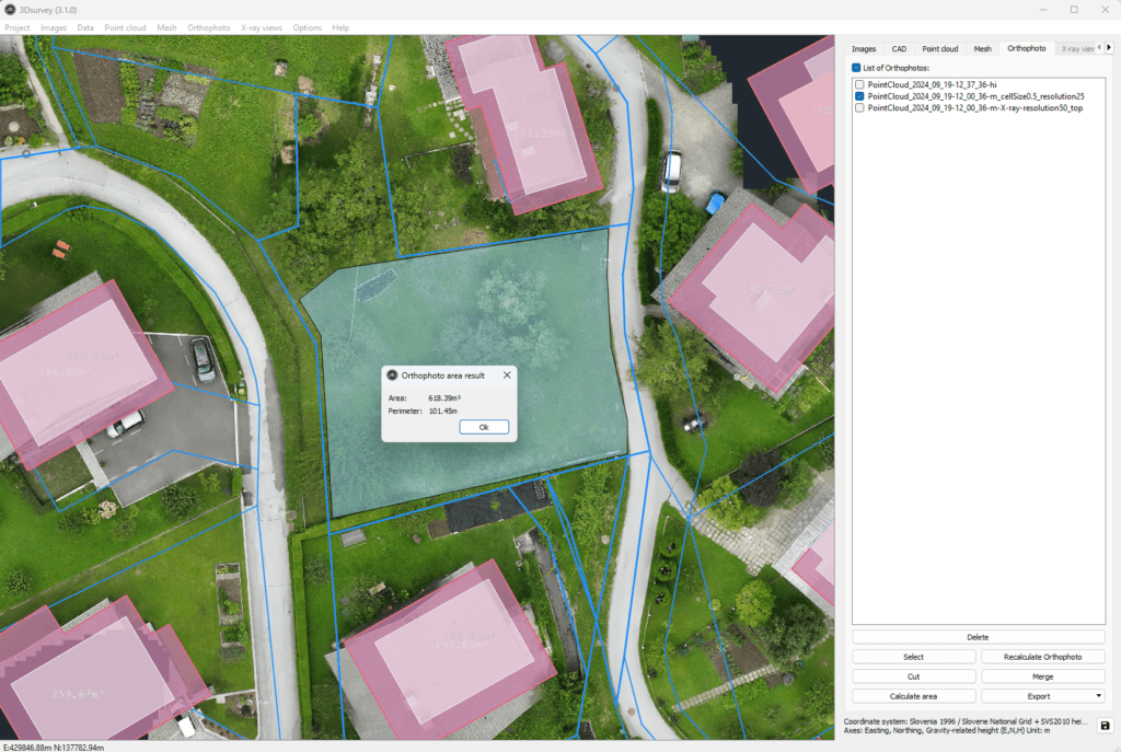 Orthophoto featuring CAD linework and computed area values in 3Dsurvey.