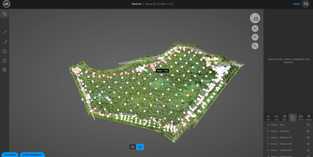 Profiles in the 3Dsurvey Cloud viewer.