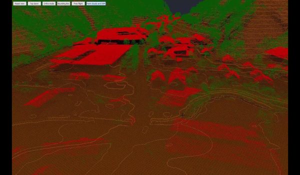 Lidar data visualized in red and green in 3Dsurvey software