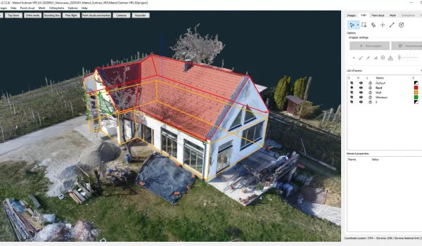 3D model of a house with CAD lines drawn on the perimeter of the house